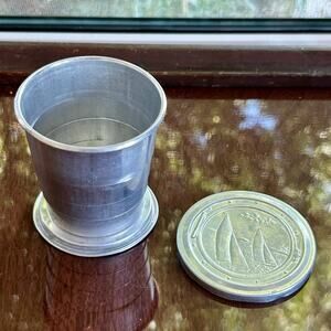 Vintage Aluminum Collapsible Travel Cup – Sailboat Lid – 3” Tall